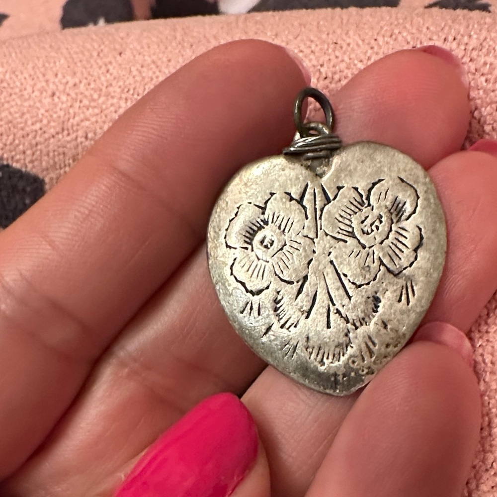 Vintage Sterling Silver Floral Engraved Heart Pendant Romantic Boho Cottagecore